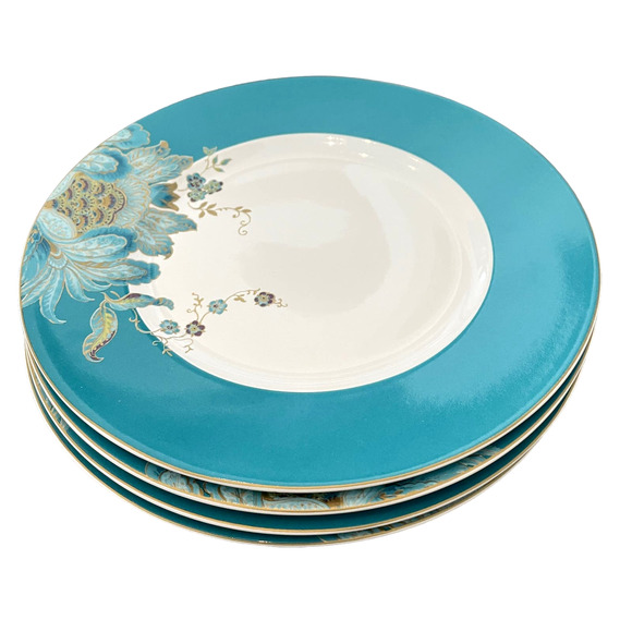 222 FIFTH Eliza Teal White Floral Fine Porcelain 11" Dinner Plates Set of 4 NEW - Picture 2 of 9